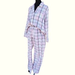 J Crew Women's Pink Plaid Pajama Set  Top and Bottoms Size L